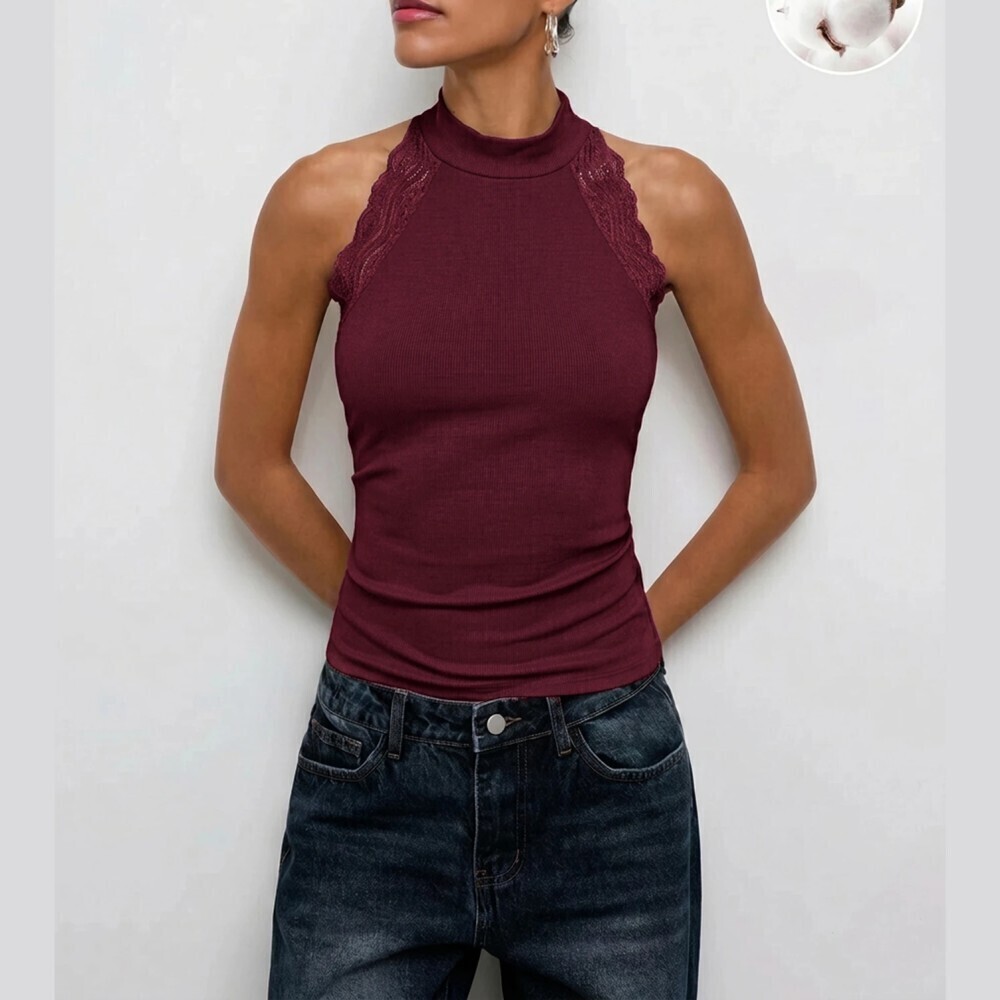 Burgundy Ribbed Cotton Knit Lace Trim Halter Neck Tank Top